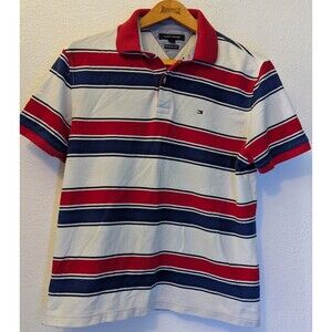 Tommy Hilfiger Polo Shirt Men Large Red White Striped Short Sleeve (34m)